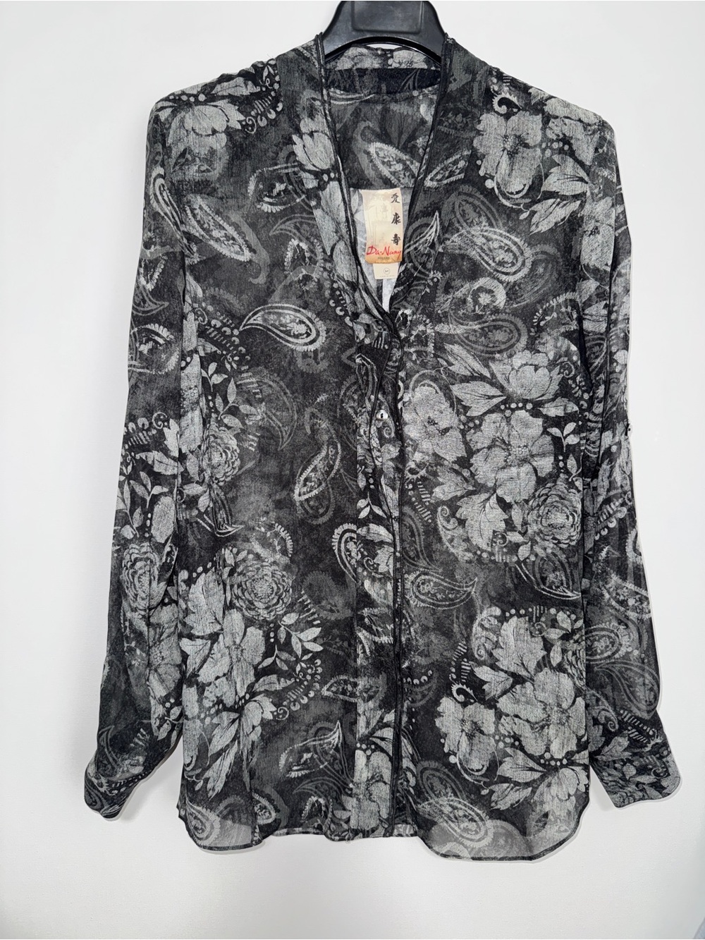 Da Nang Black & Gray Silk Paisley Floral Long-Sleeve Blouse Medium